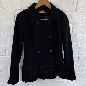 La Rok Luxe Black Jacket with Ruffle Hem Pea Coat sz S